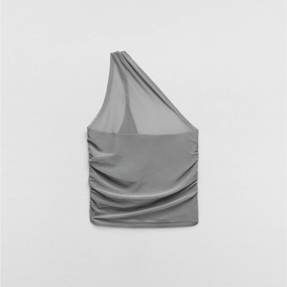 Gray One-Shoulder Mesh Top